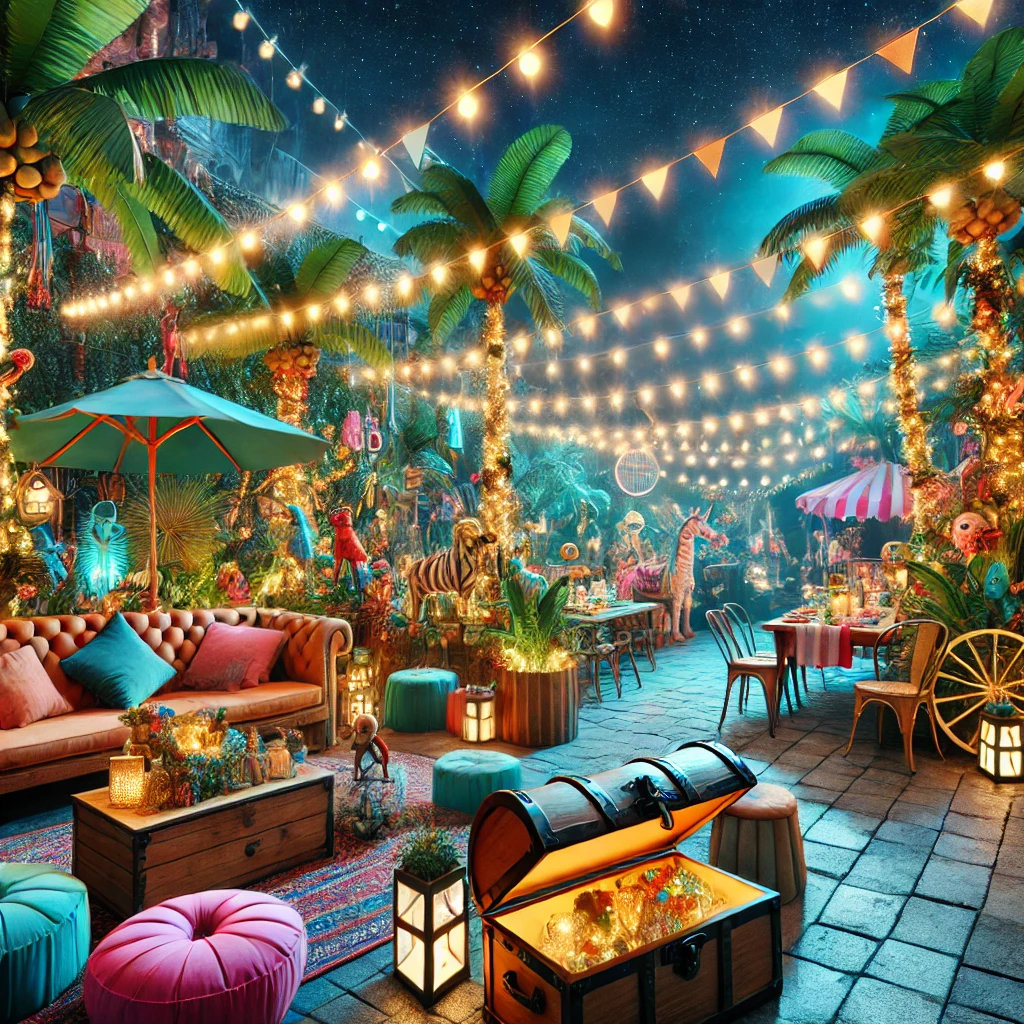 DALL·E 2024-12-08 11.57.58 - A vibrant and captivating outdoor event scene with a blend of various creative party themes combined_ a magical pirate adventure with treasure chests